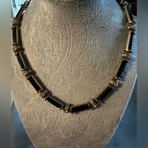 Black and Gold Tubular Bead Necklace with Crystal Accents